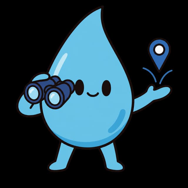 La mascotte Splash observe aux jumelles un marqueur de station de lavage sur la carte