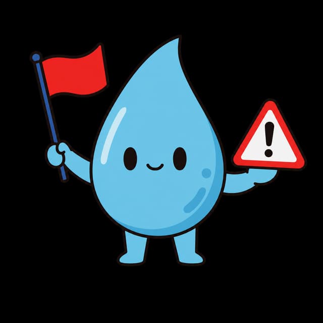 La mascotte Splash brandit un drapeau rouge à côté d’un panneau d’avertissement